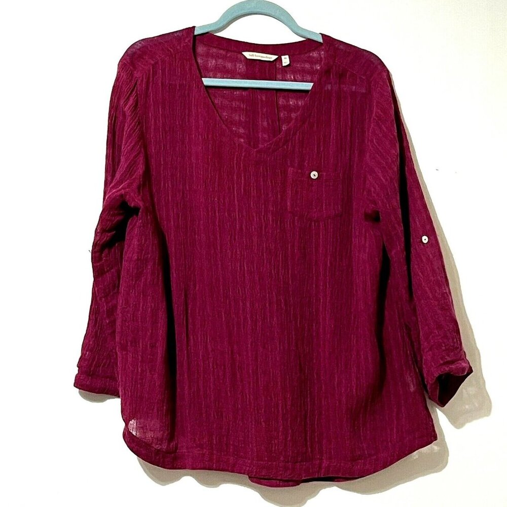 Soft Surroundings Womens XS Fuchsia Linen-Cotton V-Neck Blouse Roll Tab Sleeves